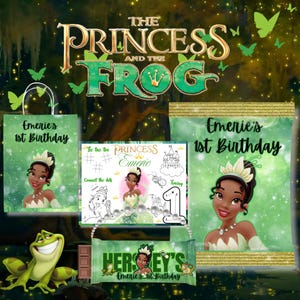 Tiana Birthday Party Bundle  - Chip Bag, Gift bag, Hershey purse,  Coloring sheet,