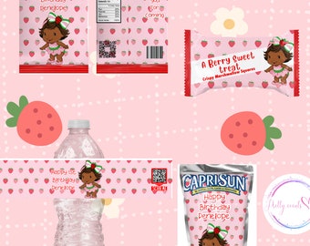 Strawberry Shortcake Birthday Bundle -Chip Bag,Rice Krispers, capri sun coloring sheet  water bottle