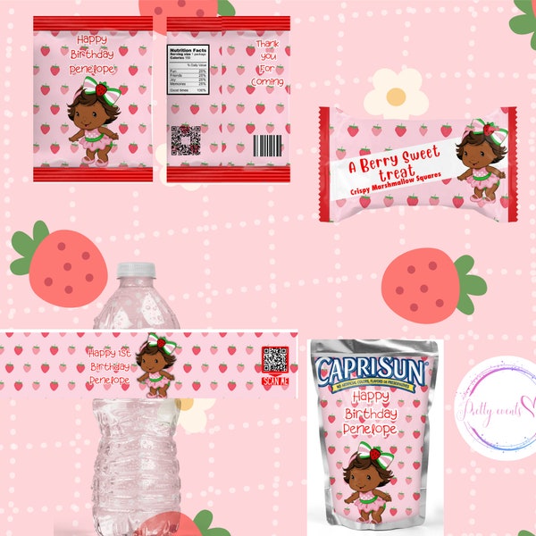 Strawberry Shortcake Birthday Bundle -Chip Bag,Rice Krispers, capri sun coloring sheet  water bottle