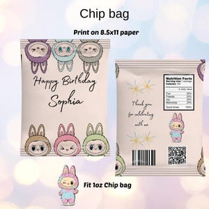 Labubu Chip Bags Template, Printable Labubu Chip Bag Party Favor Bag