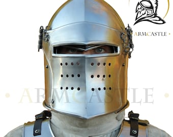 Medieval Visored Barbute Helmet Silver Finish | Barbute Viking Warrior Helmet | Visored Brushed Steel Knights Templar Barbute Helmet