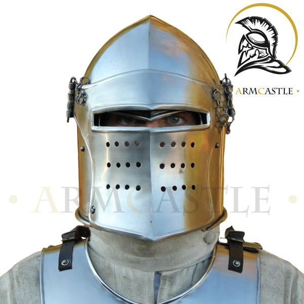 Medieval Visored Barbute Helmet Silver Finish | Barbute Viking Warrior Helmet | Visored Brushed Steel Knights Templar Barbute Helmet