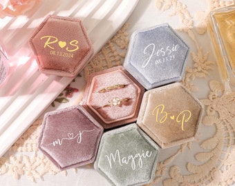 Monogram Ring Box, Hexagon Velvet Ring Box, Personalized Velvet Ring Box, Double Slot Ring Box, Engagement Ring Bearer Box, Wedding Ceremony