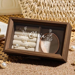 Engraved Name Wooden Jewelry Box For Rings, Bracelet & Necklace, Custom Jewelry Storage With Glass Lid, Birthday Wedding Gift, Gift For Her