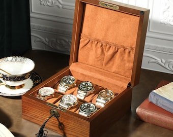 Boîte à montres en bois gravée avec serrure et clé, boîte à montres personnalisée avec 6 emplacements pour montres, cadeau pour papa, cadeaux de garçons d'honneur, meilleur cadeau pour homme