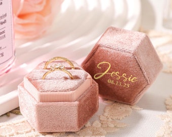 Hexagon Velvet Ring Box, Personalized Velvet Ring Box, Monogram Ring Box, Double Slot Ring Box, Engagement Ring Bearer Box, Wedding Ceremony