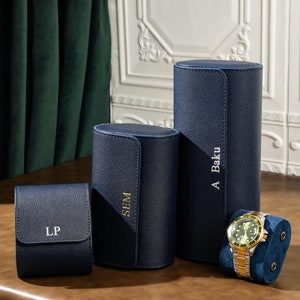Marineblauwe reishorlogedoos, gepersonaliseerde leren horlogekast, horlogerol voor 3 horloges, cadeaus bruidsjonkers, cadeau voor hem, kerstcadeaus