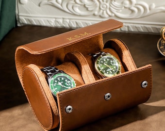 Personalized Brown Leather Watch Case, Custom Travel Watch Box, Watch Roll for 3 Watches, Groomsmen Gifts, Gift For Him, Christmas Gifts