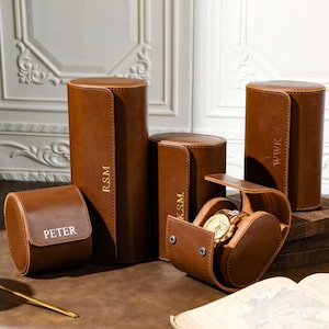 Bruin lederen horlogerol voor 3 horloges, aangepaste reishorlogedoos, gepersonaliseerde horlogekast, cadeaus bruidsjonkers, cadeau voor hem, kerstcadeaus
