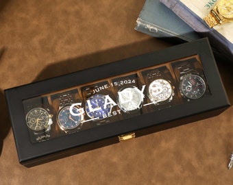 Étui de rangement noir minimaliste pour montre, boîte à montres en bois personnalisée, cadeau de proposition de garçon d'honneur, cadeau meilleur homme, boîte à montres pour homme, cadeau pour papa