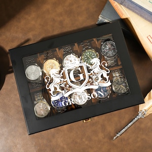 Horlogedoos biedt plaats aan 10 horloges, aangepaste houten horlogekast met glazen deksel, minimalistische zwarte horloge-opbergkoffer, voorstel bruidsjonker, cadeau getuige