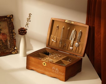Retro Wooden Jewelry, Custom Engrave Jewelry Organizer, Travel Jewelry Box, Gift for Mom, Anniversary Gift for Her, Custom Wedding Gift