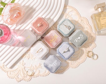 Caja de anillo de doble ranura personalizada, caja de anillo de terciopelo personalizada, caja de anillo con monograma, caja para guardar anillos de compromiso, caja de anillo para ceremonia de boda
