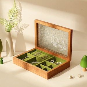 Portagioielli con coperchio in vetro con motivo floreale personalizzato, portagioielli da viaggio, portagioielli, regalo per lei, regalo di anniversario, portagioielli in legno rustico