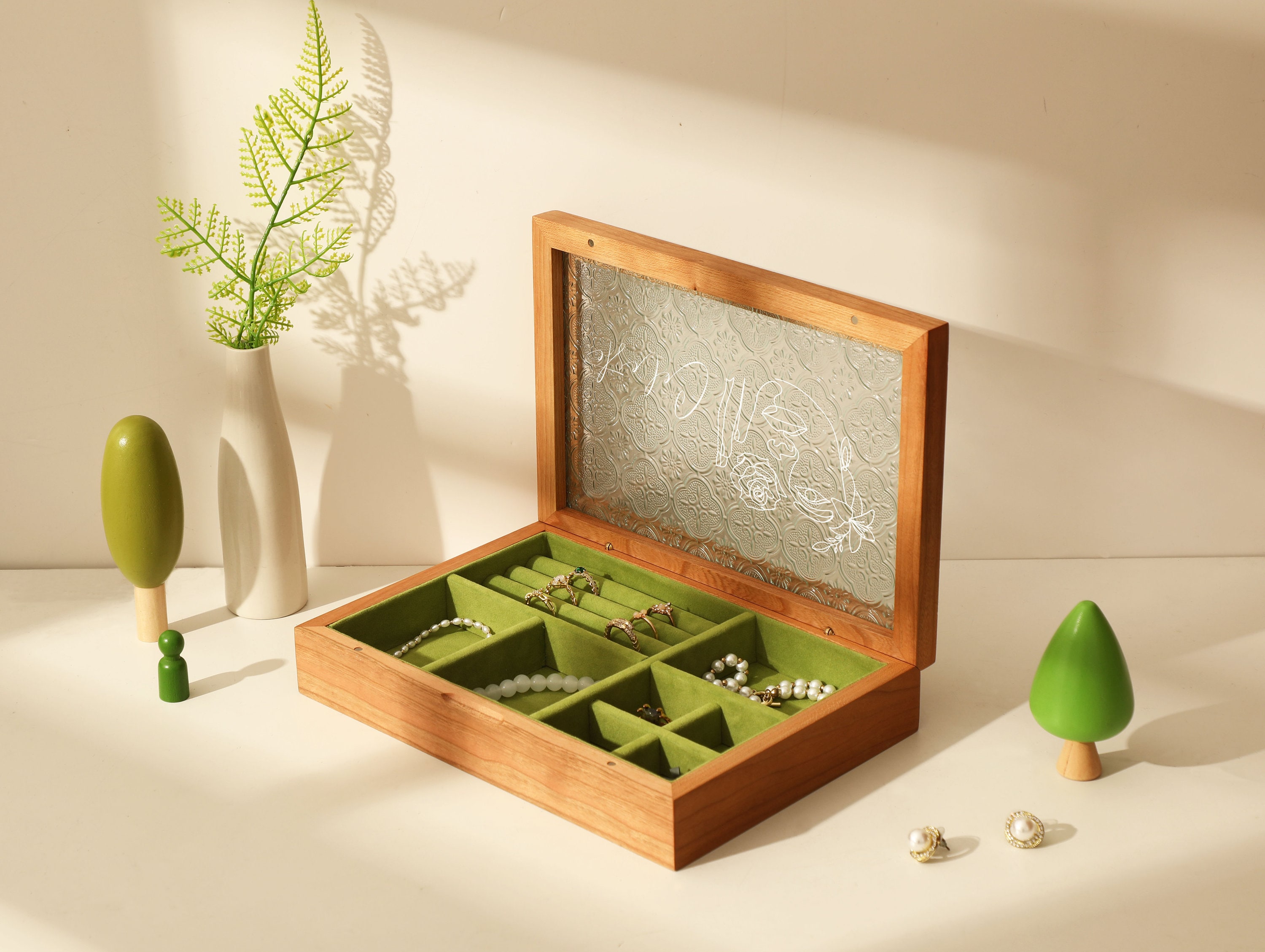 Custom Flower Pattern Glass Lid Jewelry Case, Travel Jewelry Box, Jewelry Storage, Gift for Her, Anniversary Gift, Rustic Wooden Jewelry Box