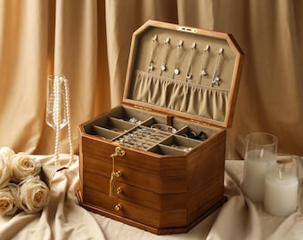 Joyero de madera grabado para mujer, organizador grande de joyas, joyero de madera personalizado con cajón, joyero personalizado