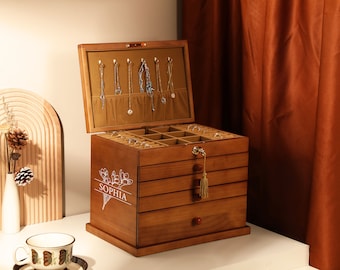 Custom Wooden Jewelry Box, Large Jewelry Organizer Storage, Engraved Wooden Jewelry Box for Women/Wife, Custom Jewelry Box, Gift for mom