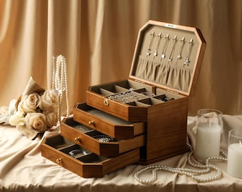 Personalized Wooden Jewelry Box With Drawer, Large Jewelry Organizer Storage Case, Engraved Wooden Jewelry Box For Women, Custom Jewelry Box