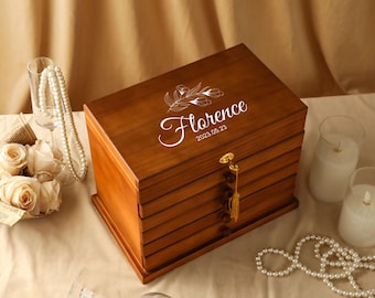 Personalized Wooden Jewelry Box, Large Jewelry Organizer Storage, Engraved Wooden Jewelry Box for Women, Custom Jewelry Box, Gift For Mom