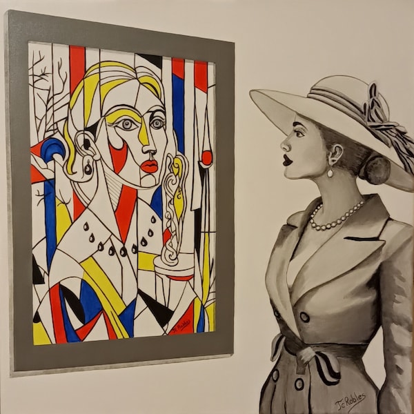 Une femme élégante admire une œuvre moderne. Peinture originale sur toile.