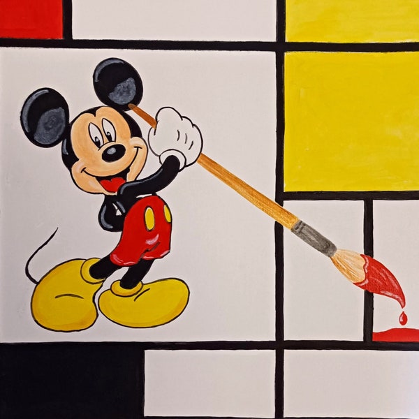 Mickey peint du Mondrian sur toile 100 % coton 340 g/m2. Peinture Originale ou reproduction.