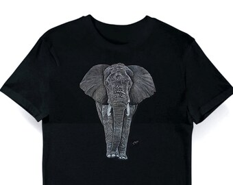 T-SHIRT Unisexe Noir imprimé sur l'avant de la toile " Éléphant d'Afrique " signée Jean-Claude ROBLES