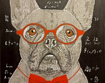 Hand-painted portrait of a learned dog, original work, painting on canvas, painted canvas.