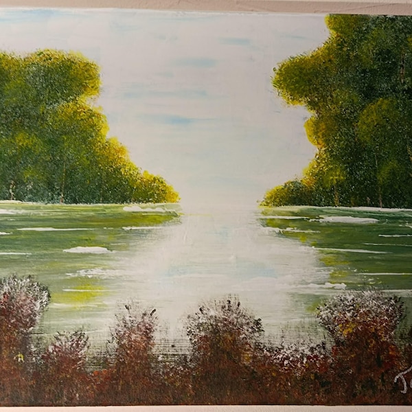 Peinture sur toile acrylique, paysage de début d'automne.