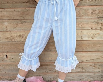 Handmade blue and white striped ruffled bloomers.