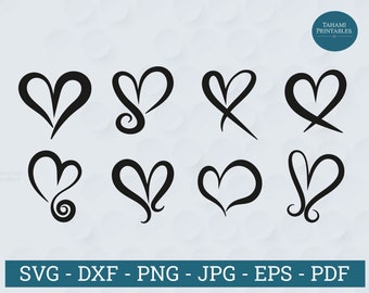 Svg coeur dessiné à la main, svg coeur ouvert, bundle svg coeur, croquis coeur svg, svg coeur Doodle, svg coeur fantaisie | Lot de 8 coeurs dessinés à la main