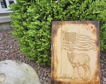 Deer/elk American Flag Wooden Plaque – Patriotic Wall Art | Rustic Home Decor, Gift, American Heritage Sign, Man Cave Decor, Wood burned