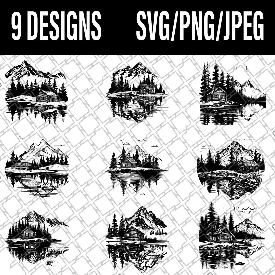 Rustic Log Cabin Mountain Lake SVG PNG JPG Laser File - Etsy