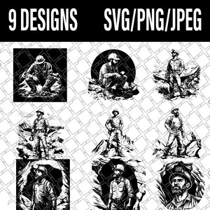 Könnte beinhalten: Neun Schwarzweißillustrationen von Bergleuten in verschiedenen Posen. Die Bergleute tragen Schutzhelme, Stirnlampen und Arbeitskleidung. Einige halten Werkzeuge, während andere in verschiedenen Posen stehen oder sitzen. Die Illustrationen sind vor einem Hintergrund aus Felsen und Bergen angeordnet.