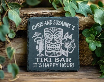 Personalized Tiki Bar Slate Coasters: Tropical Patio Decor (Set of 4)