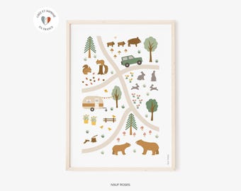 Affiche animaux de la forêt pour enfant et bébé, poster chambre ou salle de jeux, cadeau anniversaire enfant, déco écureuils et ours