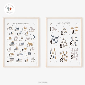 Affiches abécédaire et chiffres pour chambre garçon, poster d'apprentissage couleur bleu pour salle de jeux ou de classe, cadeau enfant