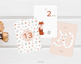 Cartes étapes bébé renard, cartes étapes deuxième année, cartes étapes bébé fille, cartes souvenirs bébé, cadeau naissance fille