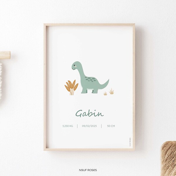Affiche naissance, affiche déco chambre bébé ou enfant, poster prénom dinosaure, cadeau de naissance personnalisé