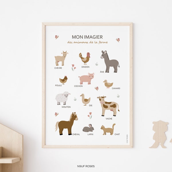 Affiche éducative imagier animaux de la ferme, déco murale pour chambre enfant ou salle de jeux, cadeau anniversaire enfant