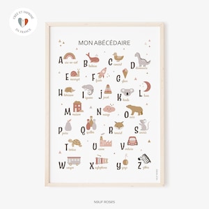 Affiche abécédaire pour chambre enfant et bébé ou salle de jeux, poster alphabet éducatif et décoratif, cadeau pour enfant, coloris rose