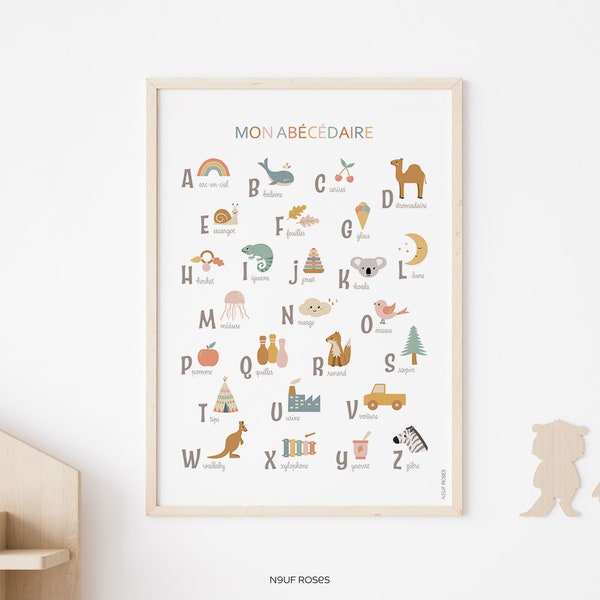 Affiche abécédaire en français, poster alphabet éducatif et décoratif pour chambre d'enfant ou salle de jeux, cadeau pour enfant multicolore