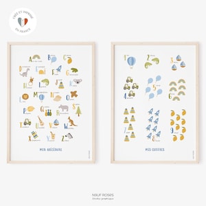 Affiches abécédaire et chiffres pour enfant et bébé, poster déco alphabet pour chambre garçon et salle de jeux coloris bleu, cadeau enfant