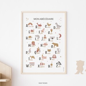 Abbecedary poster for children's and baby's bedroom or playroom, educational and decorative alphabet poster, gift for child, pink color