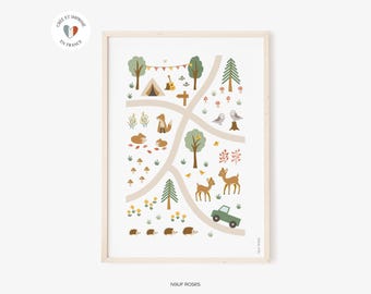 Affiche animaux de la forêt pour enfant et bébé, poster chambre ou salle de jeux, cadeau anniversaire enfant, déco renards et hérissons
