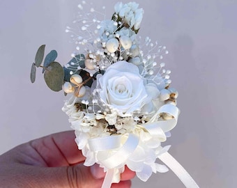 Dried Flower Dress Corsage White Mini Rose Women Boutonnieres Buttonhole Mum of Bride Wedding Mum of Groom Female Preserved Hydrangea Ivory