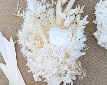White Dried Flower Bouquet Wedding Bride Ivory Florals Roses Bridesmaids FlowerGirl Rustic Preserved Hydrangea