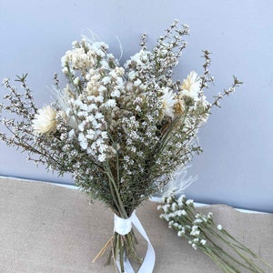 Wildflower Bouquet Bride Neutral White Ivory Wedding Dried Boho Rustic Bridesmaid Ivory Baby&#39;s Breathe Strawflower