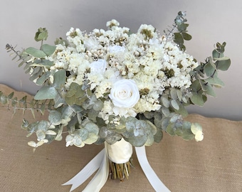 Wedding Bridal Bouquet Dried Flowers Eucalyptus Gum White Roses Preserved Bridesmaids Neutral Baby's Breathe Ivory Posy Flower Girl