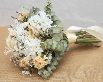 Wedding Bridal Bouquet Dried Flowers Roses Ivory Carnations Eucalyptus Gum White Preserved Daisy Neutral Baby's Breathe Posy Bridesmaids