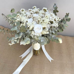 Wedding Bridal Bouquet Dried Flowers Eucalyptus Gum White Roses Preserved Bridesmaids Neutral Baby&#39;s Breathe Ivory Posy Flower Girl